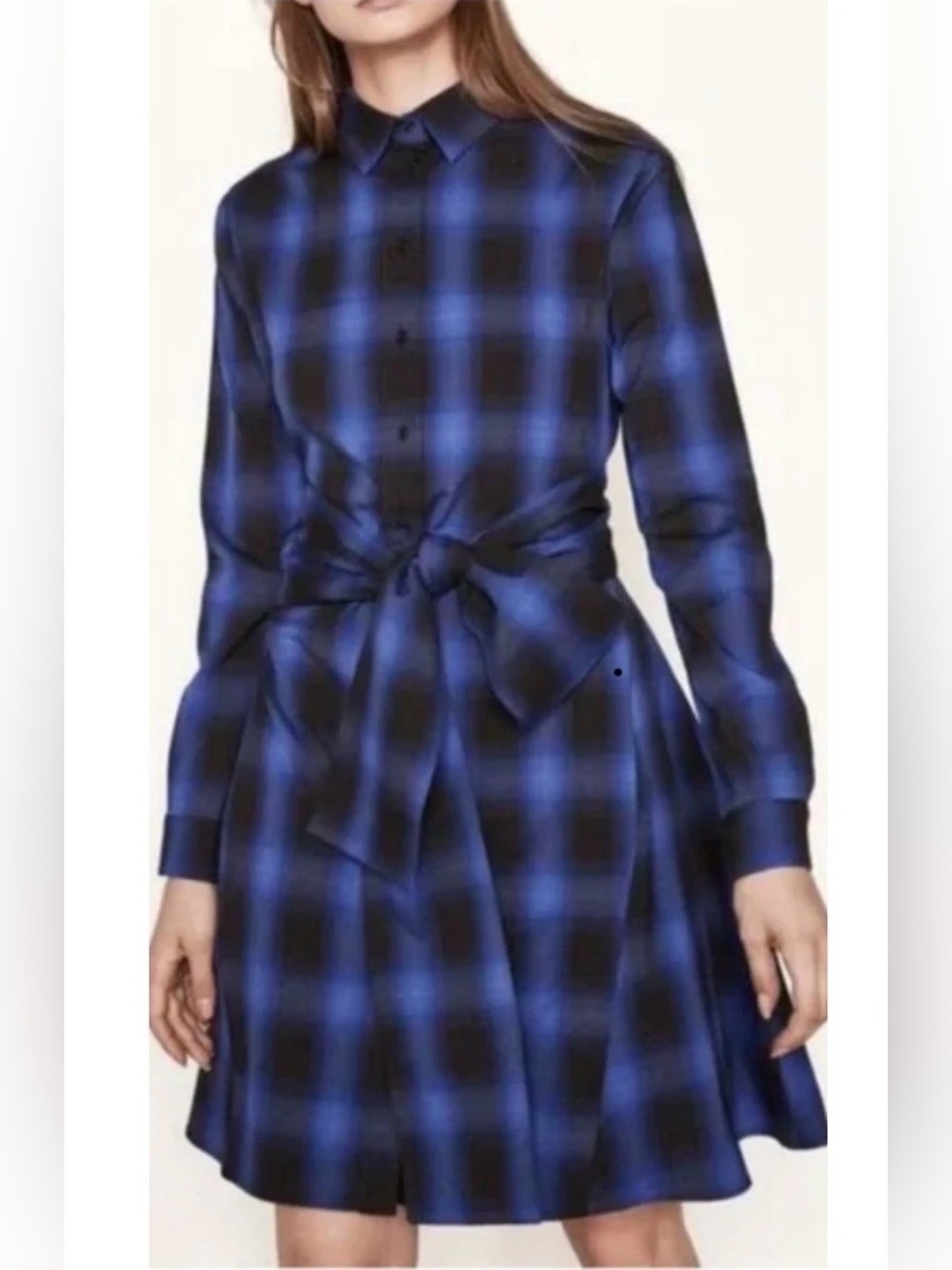 Maje Rulyl Blue Black Plaid Tie Front Shirt Dress Size 3 Large